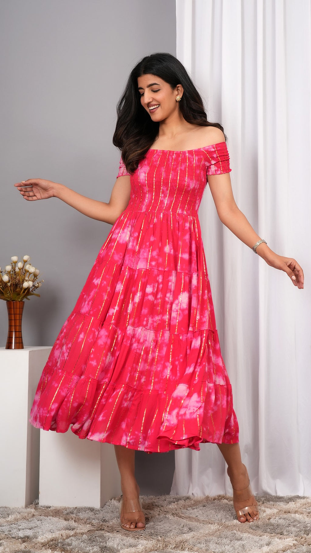 Iqraar Women Tie and Dye Dyed Smocked Off-Shoulder Fit and Flare Midi Dress