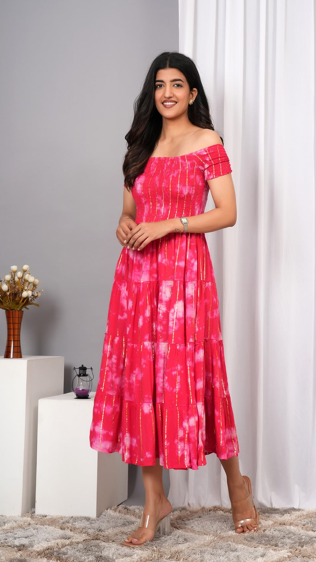 Iqraar Women Tie and Dye Dyed Smocked Off-Shoulder Fit and Flare Midi Dress