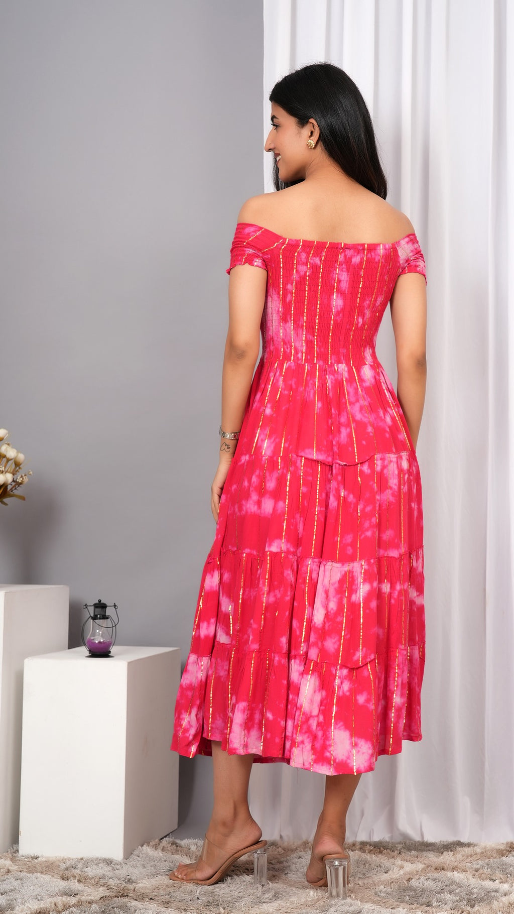Iqraar Women Tie and Dye Dyed Smocked Off-Shoulder Fit and Flare Midi Dress
