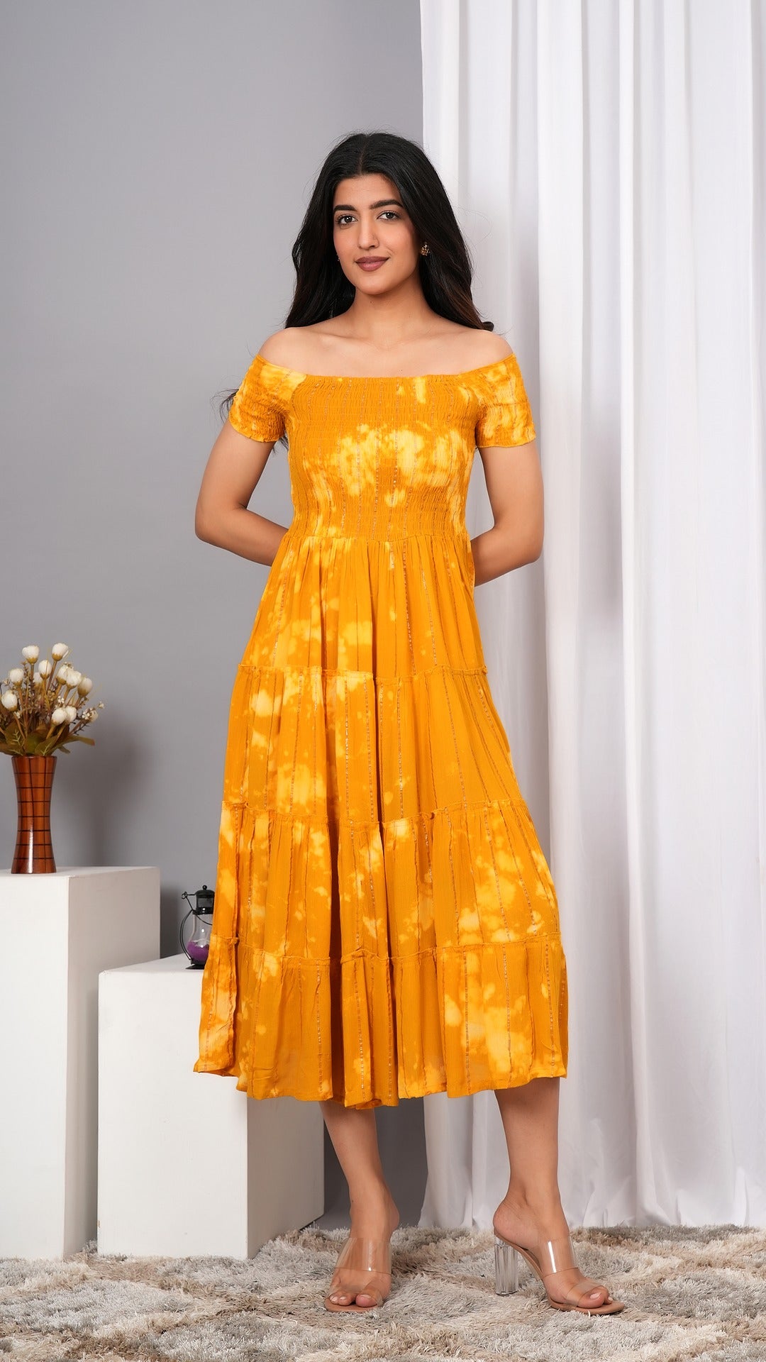 Iqraar Women Tie and Dye Dyed Smocked Off-Shoulder Fit and Flare Midi Mustard Dress