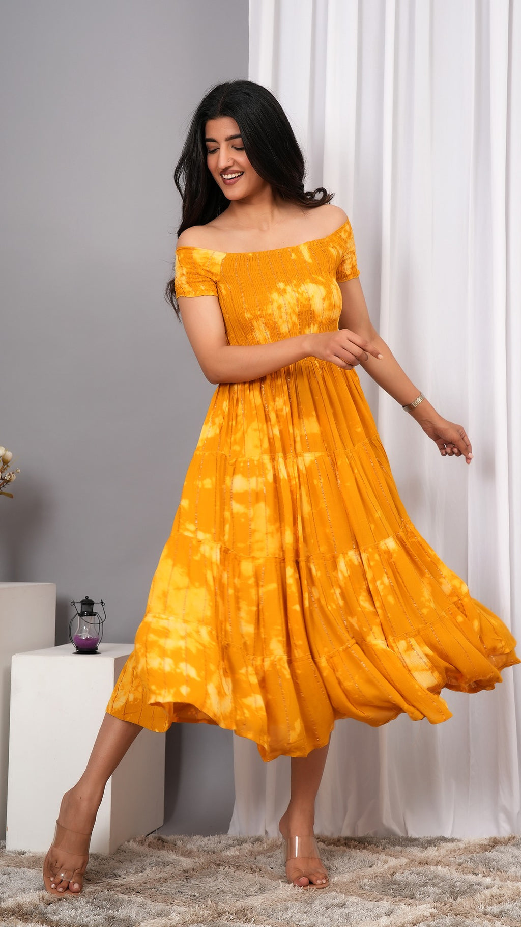 Iqraar Women Tie and Dye Dyed Smocked Off-Shoulder Fit and Flare Midi Mustard Dress