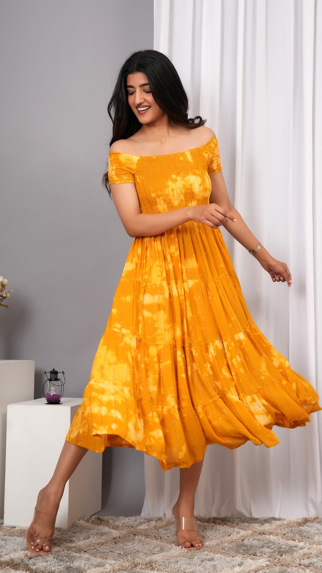 Iqraar Women Tie and Dye Dyed Smocked Off-Shoulder Fit and Flare Midi Mustard Dress