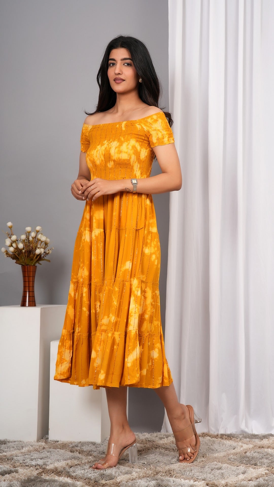 Iqraar Women Tie and Dye Dyed Smocked Off-Shoulder Fit and Flare Midi Mustard Dress