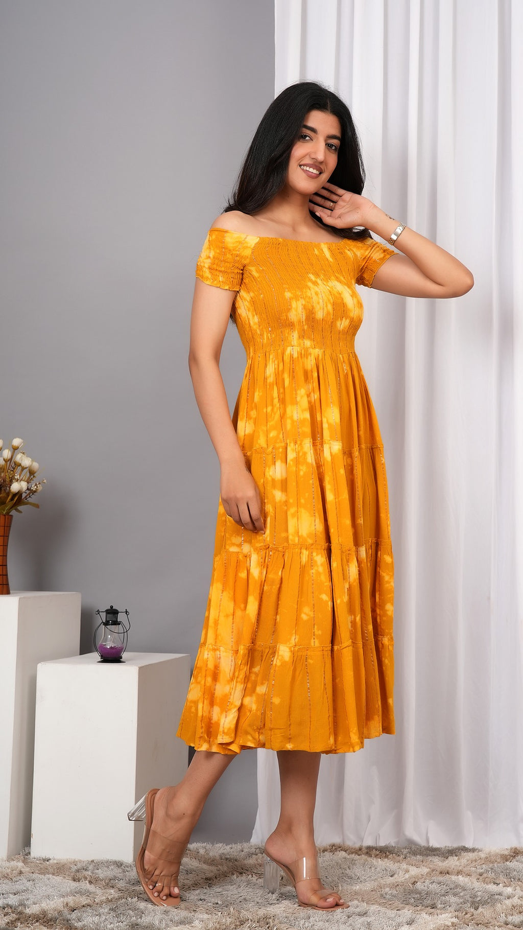 Iqraar Women Tie and Dye Dyed Smocked Off-Shoulder Fit and Flare Midi Mustard Dress