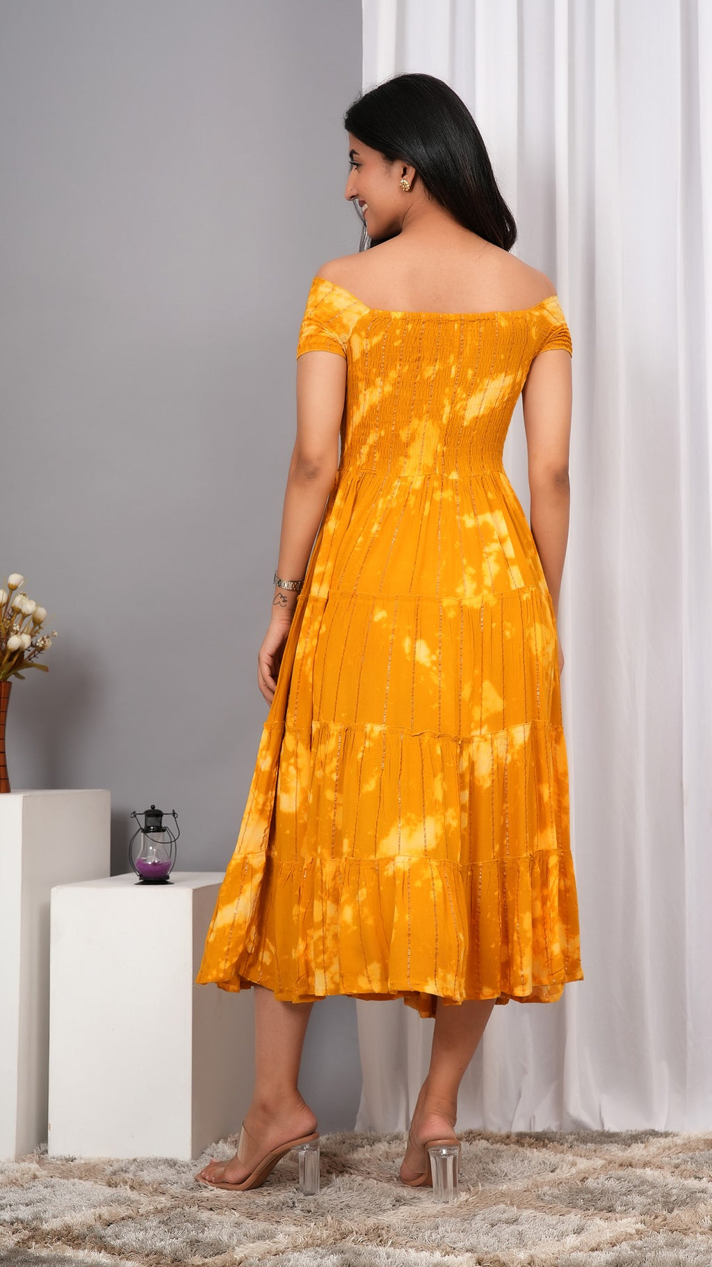 Iqraar Women Tie and Dye Dyed Smocked Off-Shoulder Fit and Flare Midi Mustard Dress
