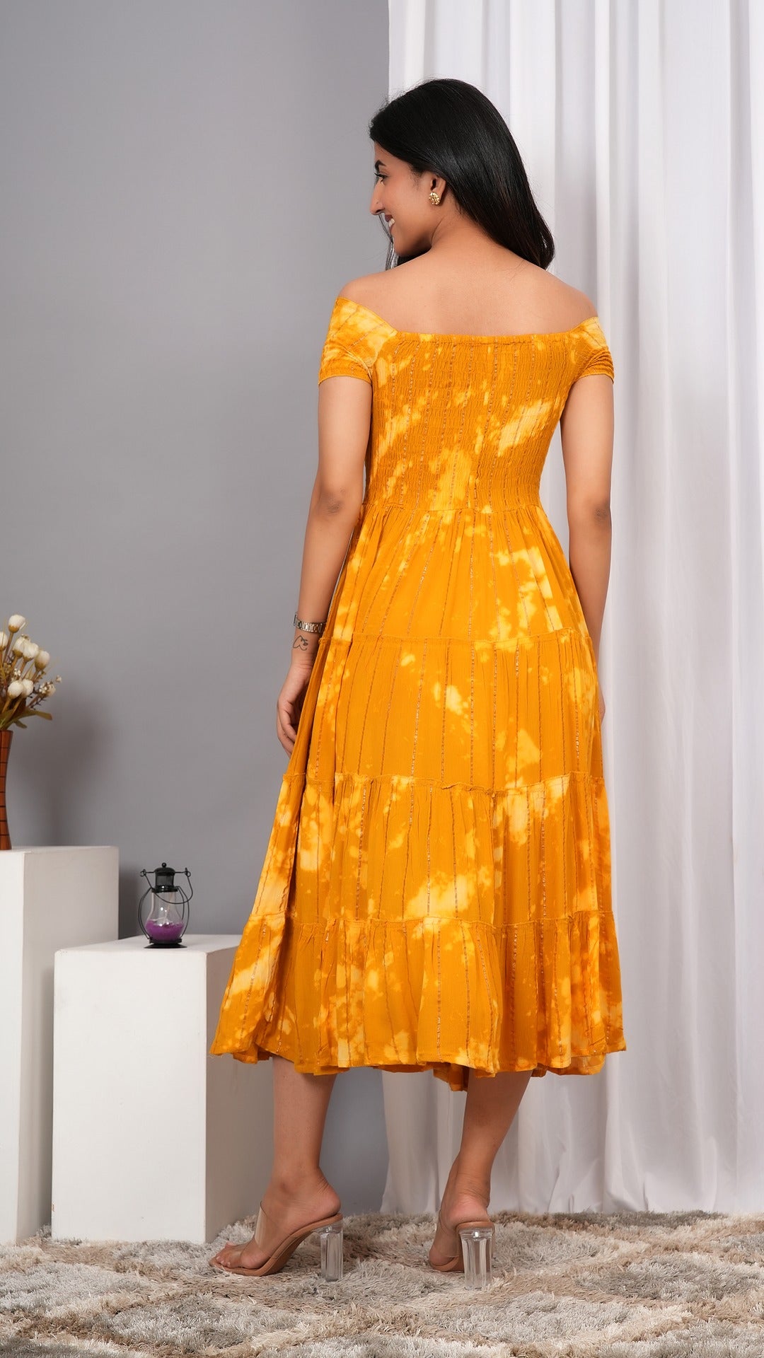 Iqraar Women Tie and Dye Dyed Smocked Off-Shoulder Fit and Flare Midi Mustard Dress