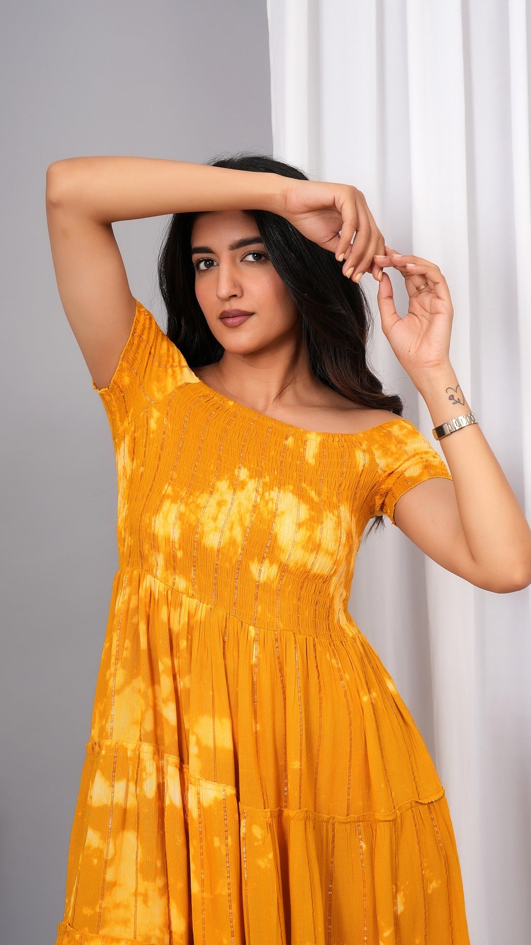 Iqraar Women Tie and Dye Dyed Smocked Off-Shoulder Fit and Flare Midi Mustard Dress