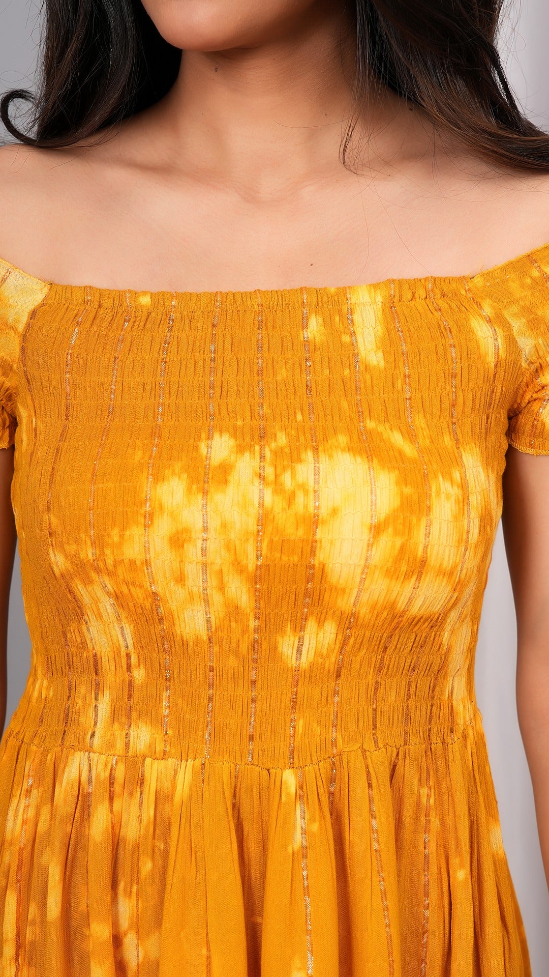 Iqraar Women Tie and Dye Dyed Smocked Off-Shoulder Fit and Flare Midi Mustard Dress
