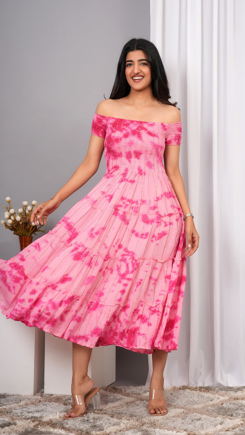 Iqraar Women Tie and Dye Dyed Smocked Off-Shoulder Fit and Flare Midi Baby pink Dress