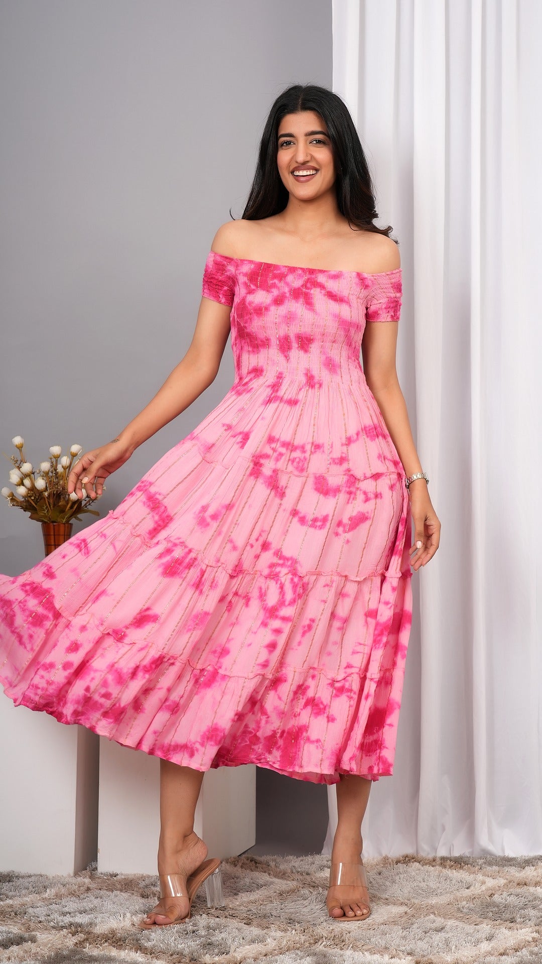 Iqraar Women Tie and Dye Dyed Smocked Off-Shoulder Fit and Flare Midi Baby pink Dress