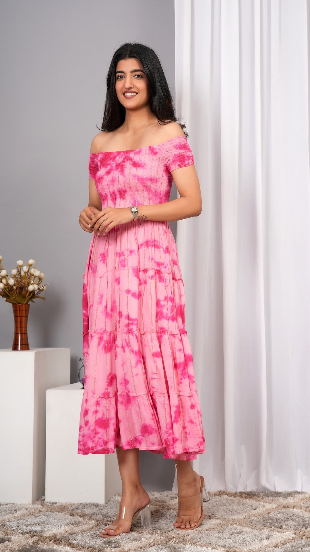 Iqraar Women Tie and Dye Dyed Smocked Off-Shoulder Fit and Flare Midi Baby pink Dress
