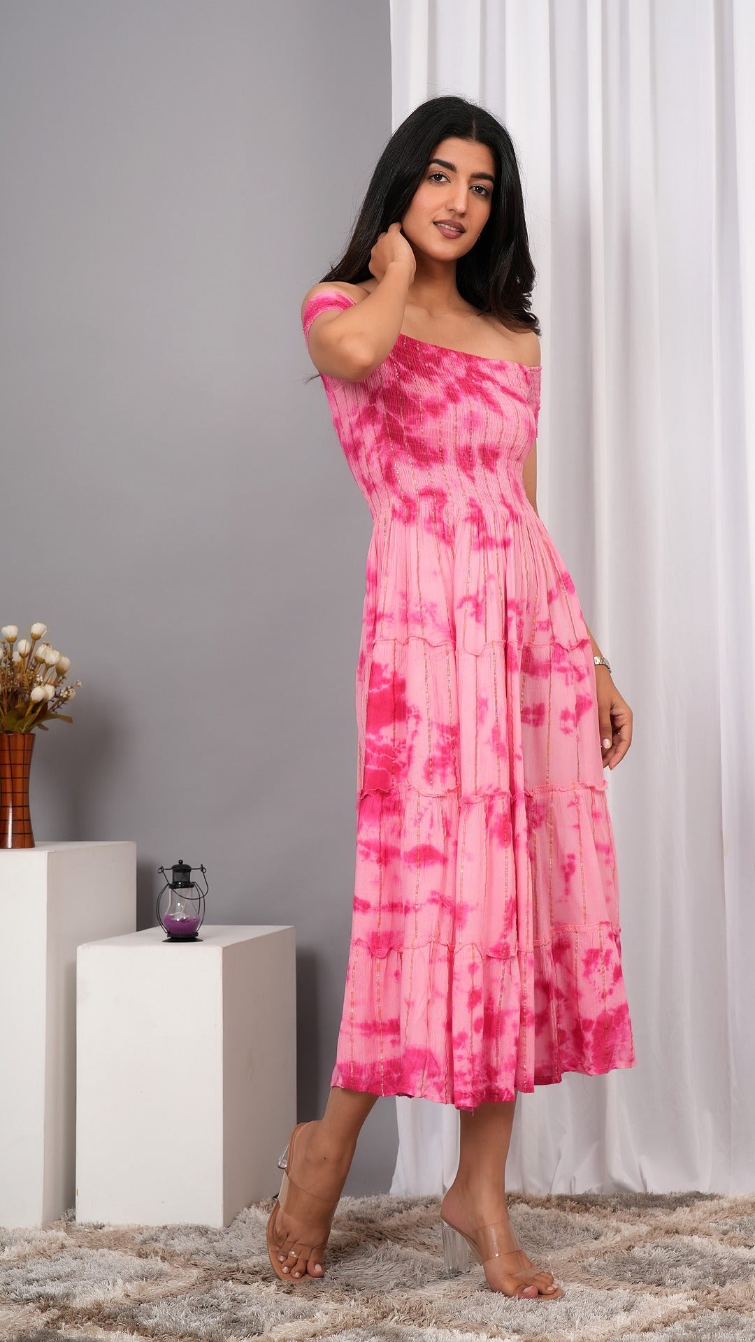 Iqraar Women Tie and Dye Dyed Smocked Off-Shoulder Fit and Flare Midi Baby pink Dress