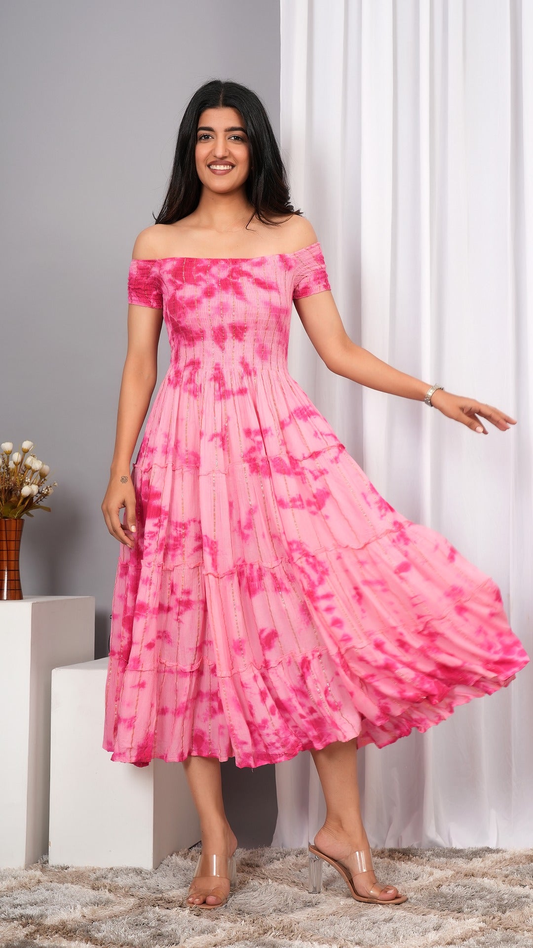 Iqraar Women Tie and Dye Dyed Smocked Off-Shoulder Fit and Flare Midi Baby pink Dress