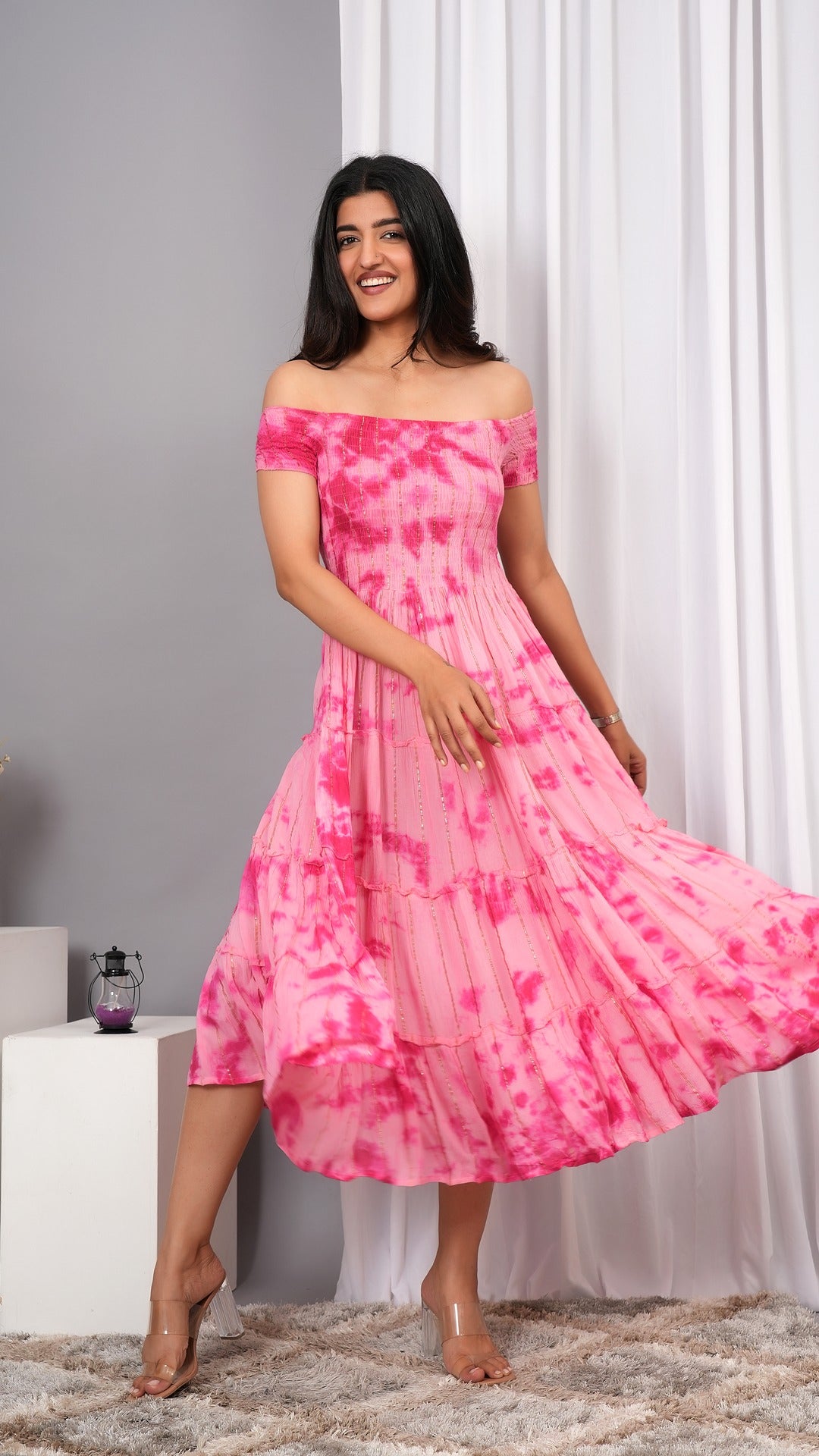Iqraar Women Tie and Dye Dyed Smocked Off-Shoulder Fit and Flare Midi Baby pink Dress