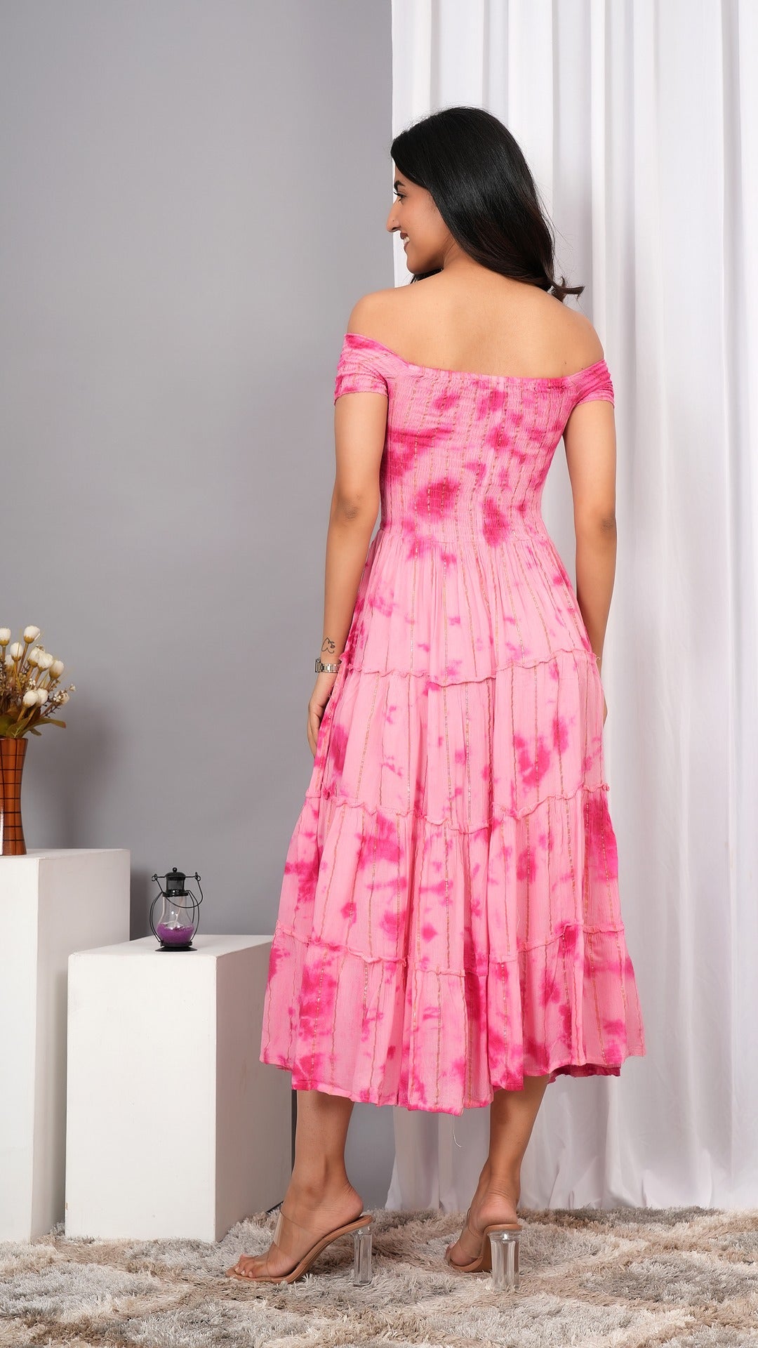 Iqraar Women Tie and Dye Dyed Smocked Off-Shoulder Fit and Flare Midi Baby pink Dress