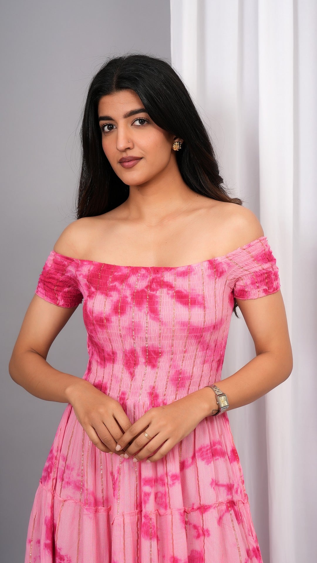 Iqraar Women Tie and Dye Dyed Smocked Off-Shoulder Fit and Flare Midi Baby pink Dress