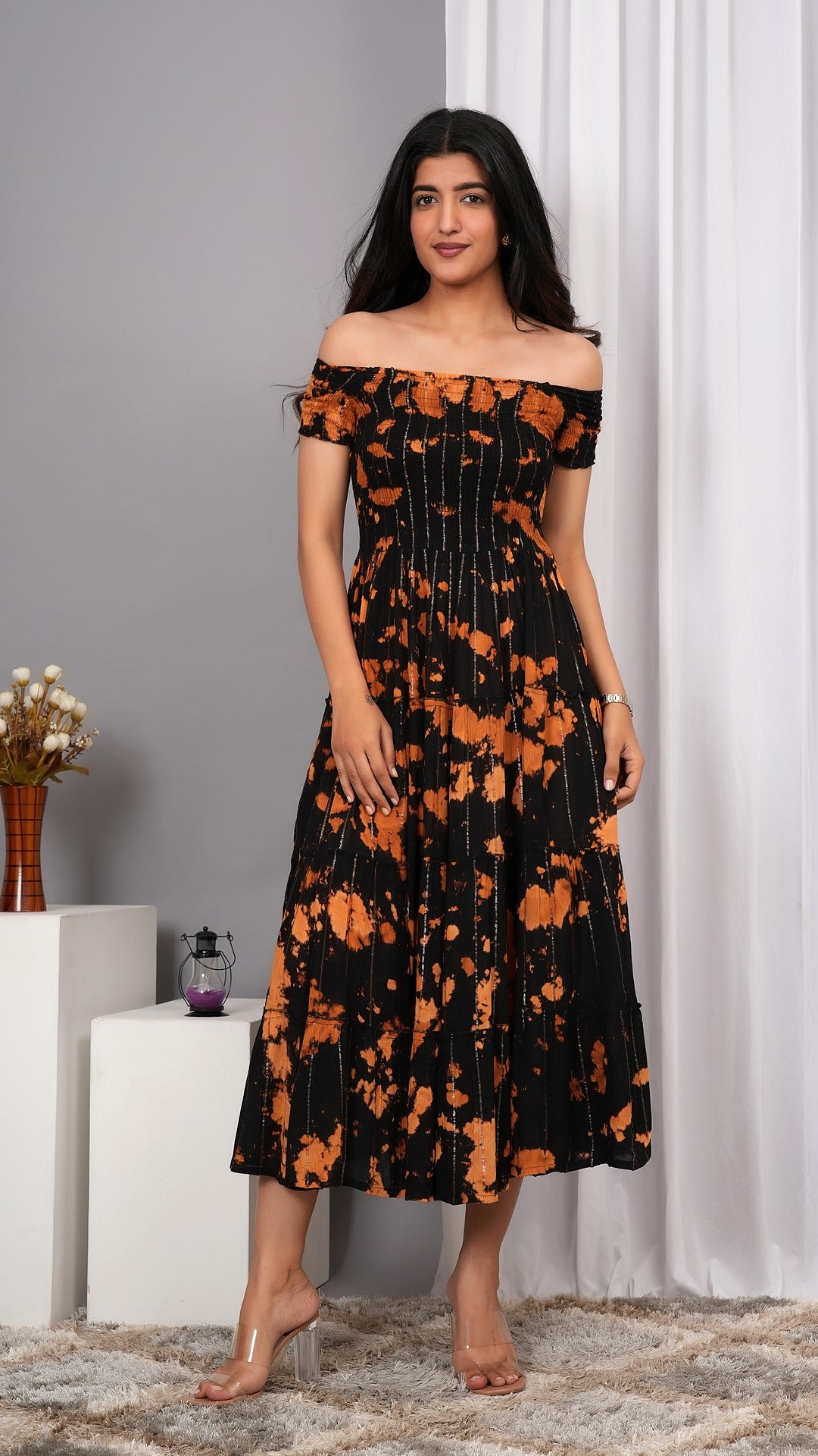 Iqraar Women Tie and Dye Dyed Smocked Off-Shoulder Fit and Flare Midi Black Dress