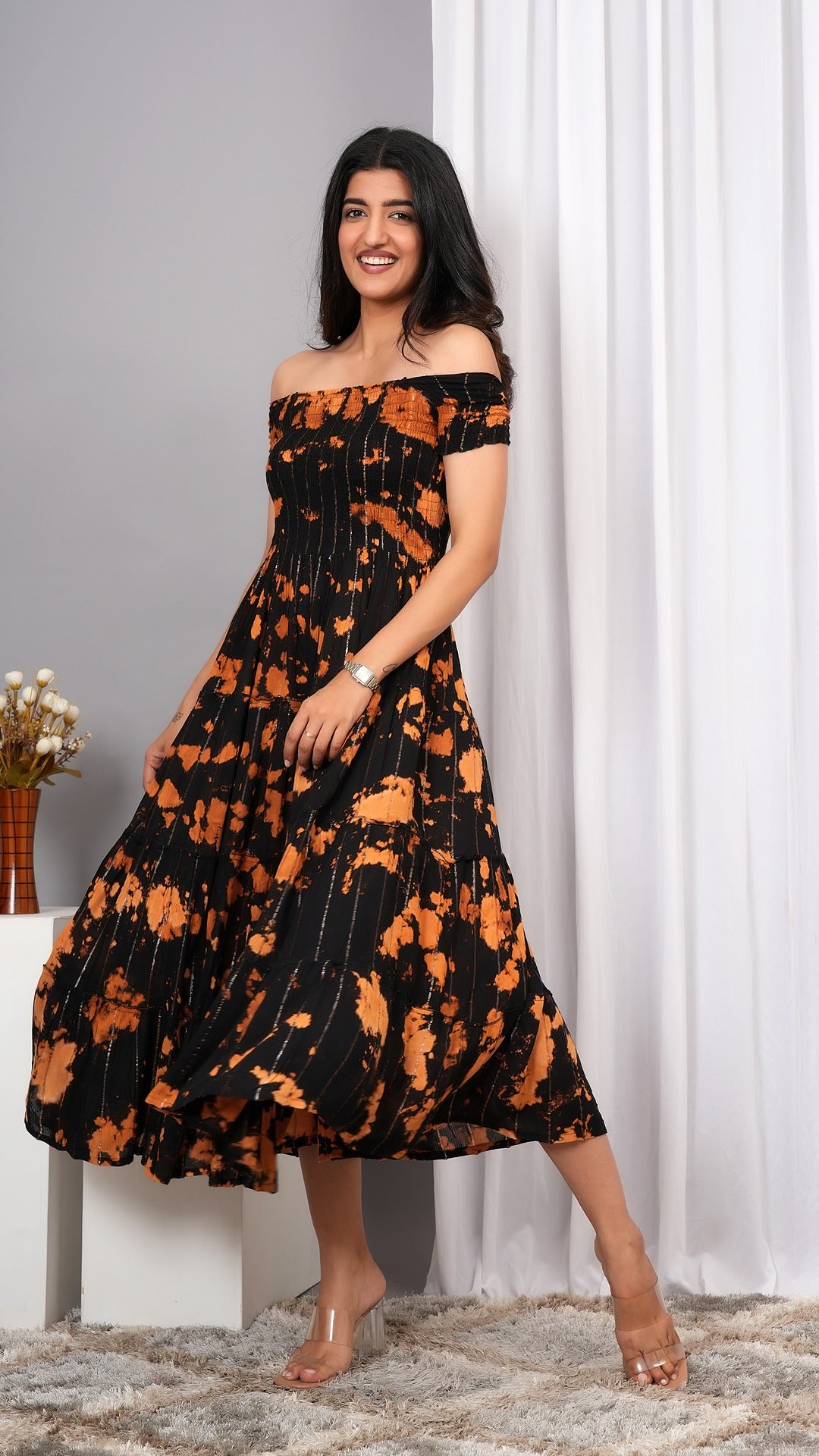 Iqraar Women Tie and Dye Dyed Smocked Off-Shoulder Fit and Flare Midi Black Dress