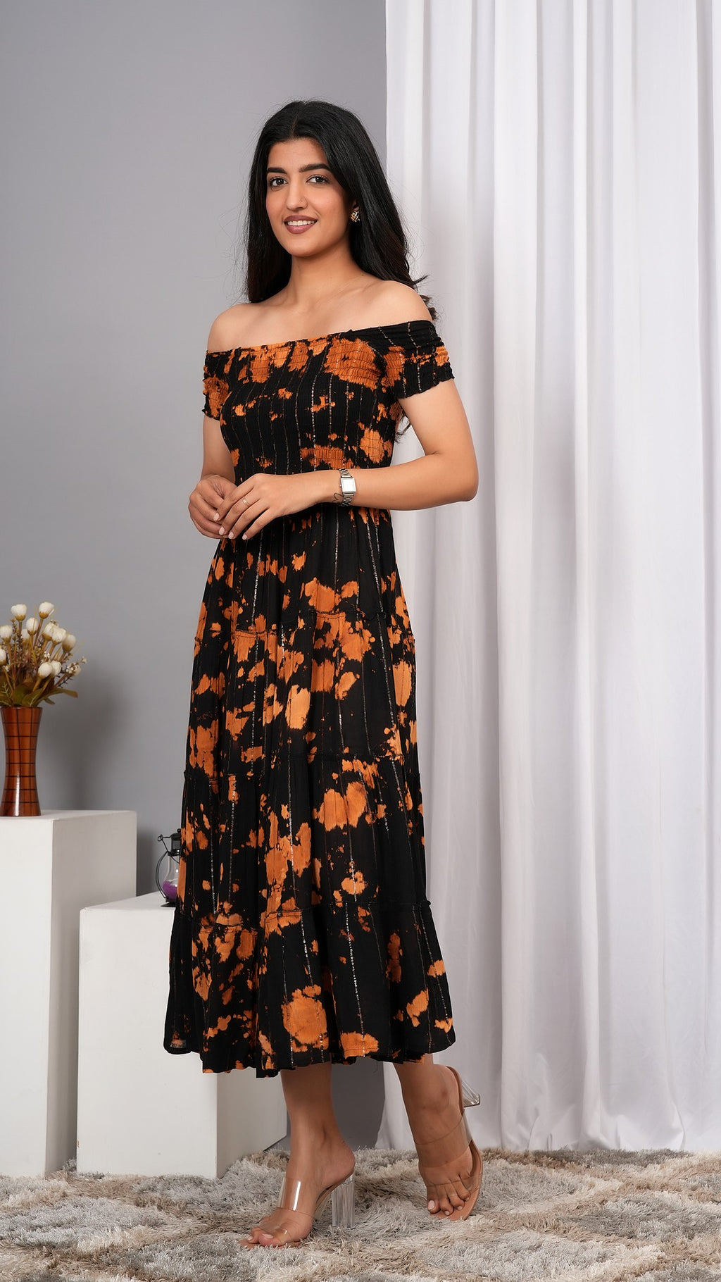 Iqraar Women Tie and Dye Dyed Smocked Off-Shoulder Fit and Flare Midi Black Dress