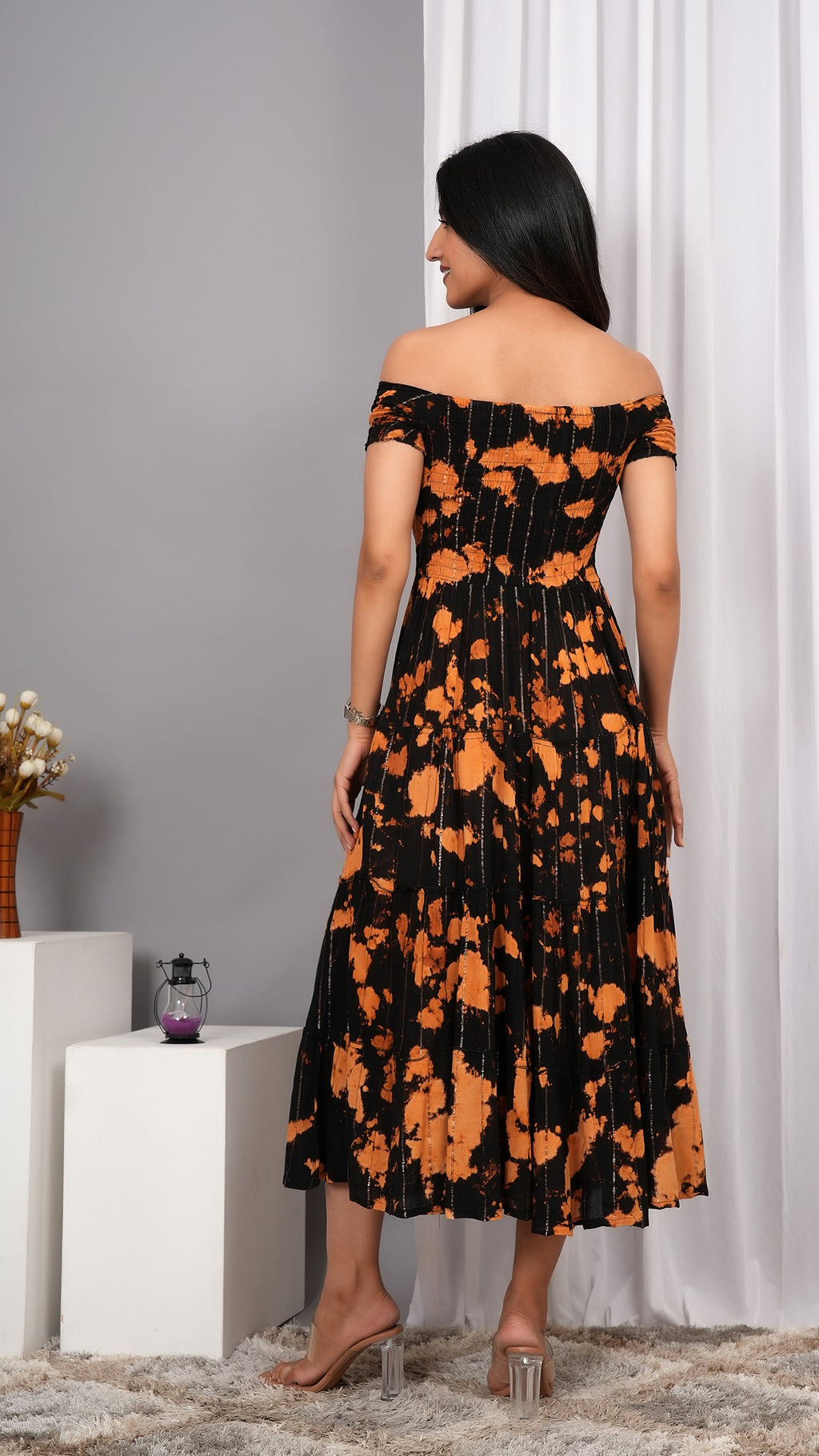 Iqraar Women Tie and Dye Dyed Smocked Off-Shoulder Fit and Flare Midi Black Dress