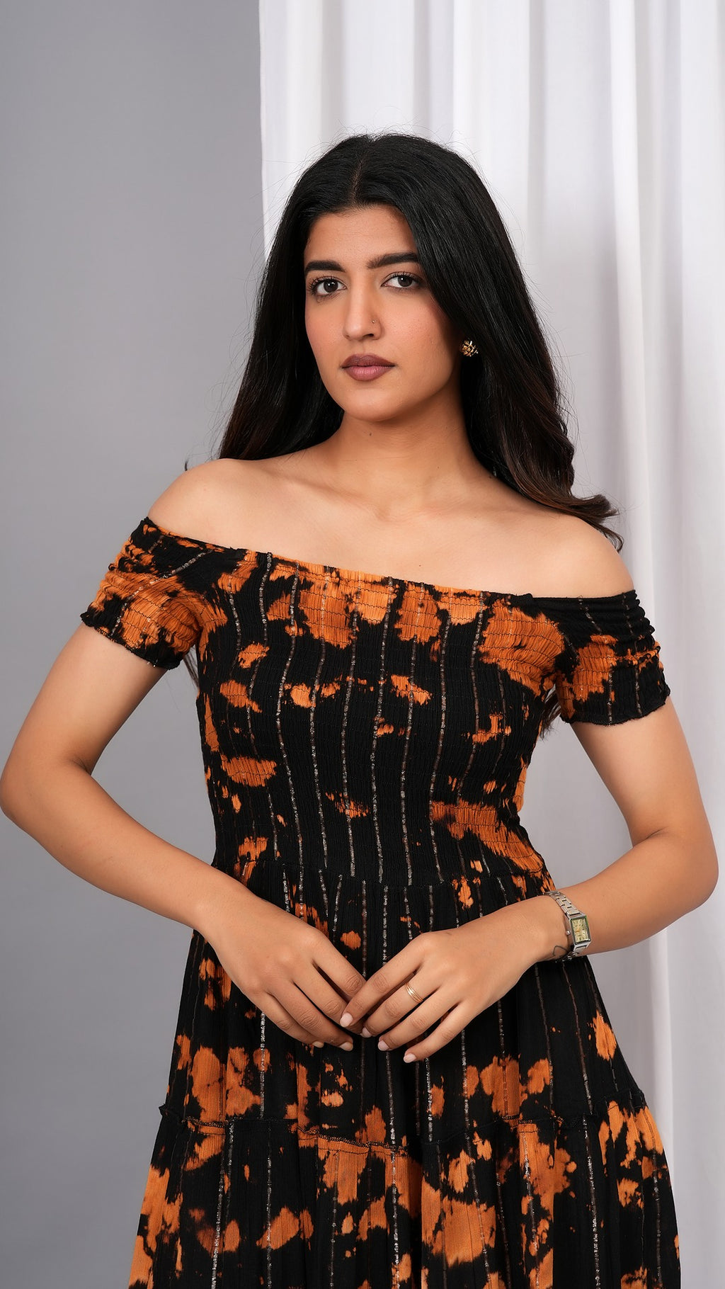 Iqraar Women Tie and Dye Dyed Smocked Off-Shoulder Fit and Flare Midi Black Dress