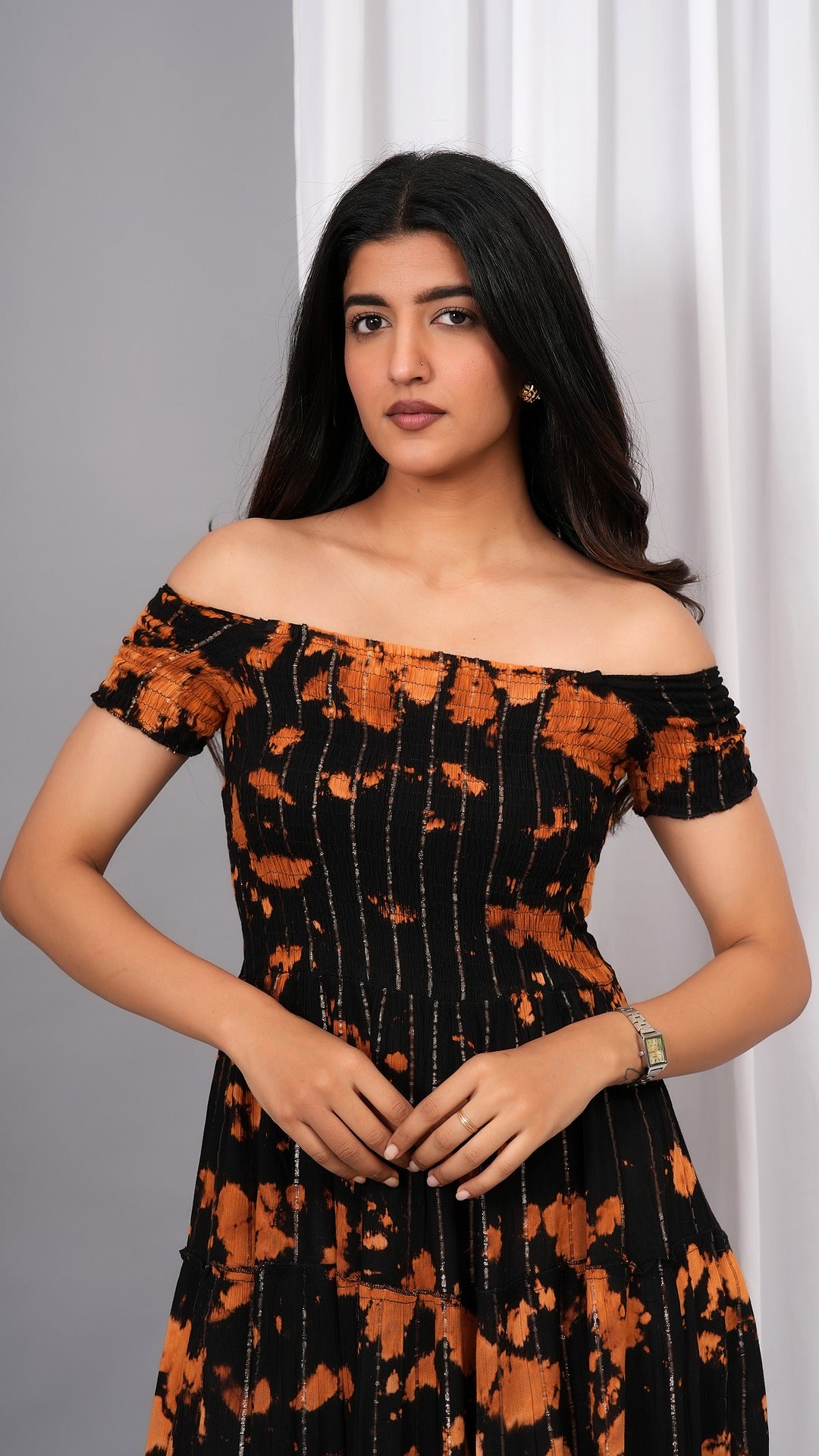 Iqraar Women Tie and Dye Dyed Smocked Off-Shoulder Fit and Flare Midi Black Dress