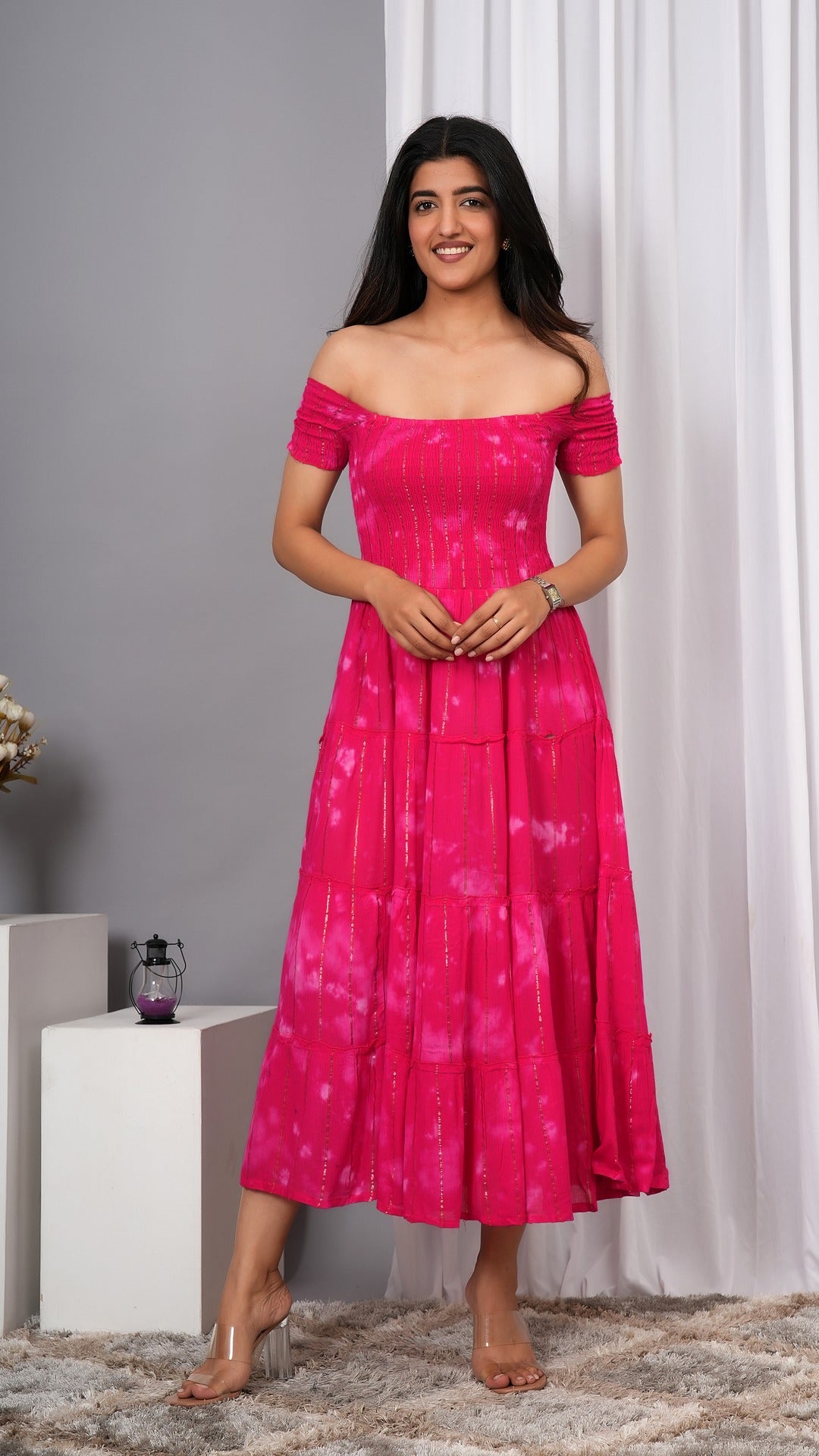 Iqraar Women Tie and Dye Dyed Smocked Off-Shoulder Fit and Flare Midi Pink Dress