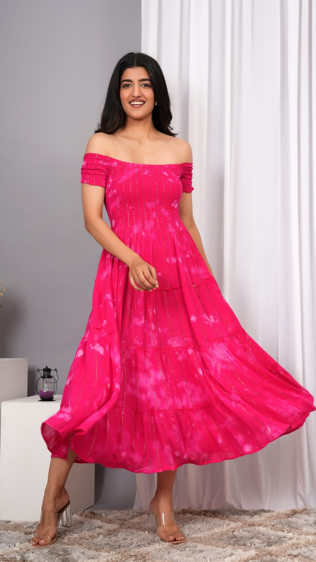 Iqraar Women Tie and Dye Dyed Smocked Off-Shoulder Fit and Flare Midi Pink Dress