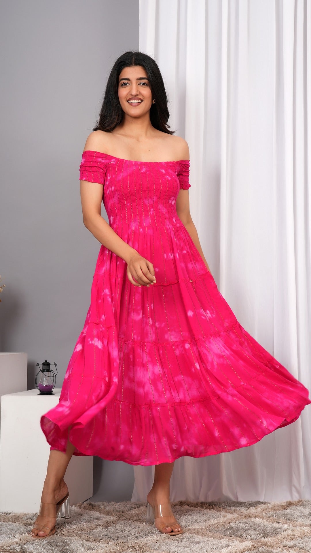 Iqraar Women Tie and Dye Dyed Smocked Off-Shoulder Fit and Flare Midi Pink Dress