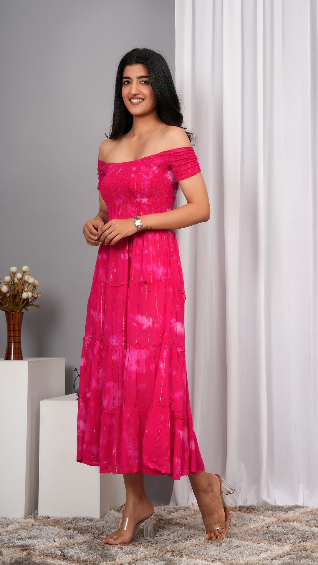 Iqraar Women Tie and Dye Dyed Smocked Off-Shoulder Fit and Flare Midi Pink Dress