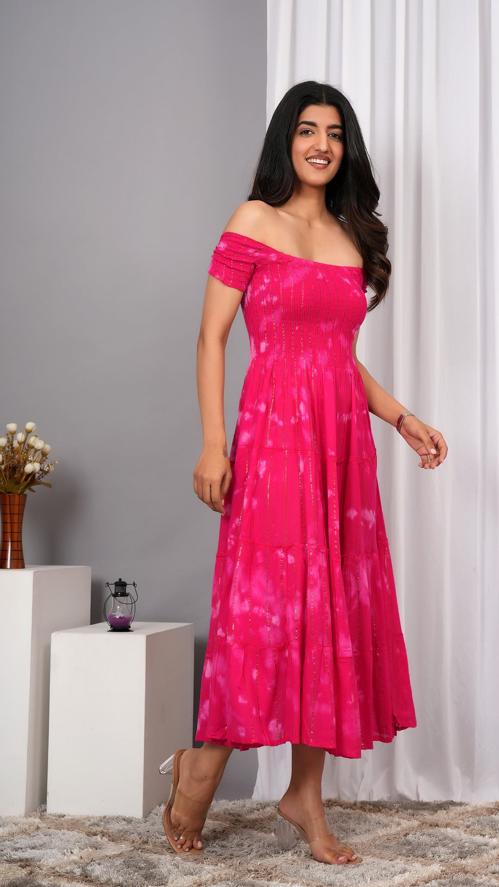 Iqraar Women Tie and Dye Dyed Smocked Off-Shoulder Fit and Flare Midi Pink Dress