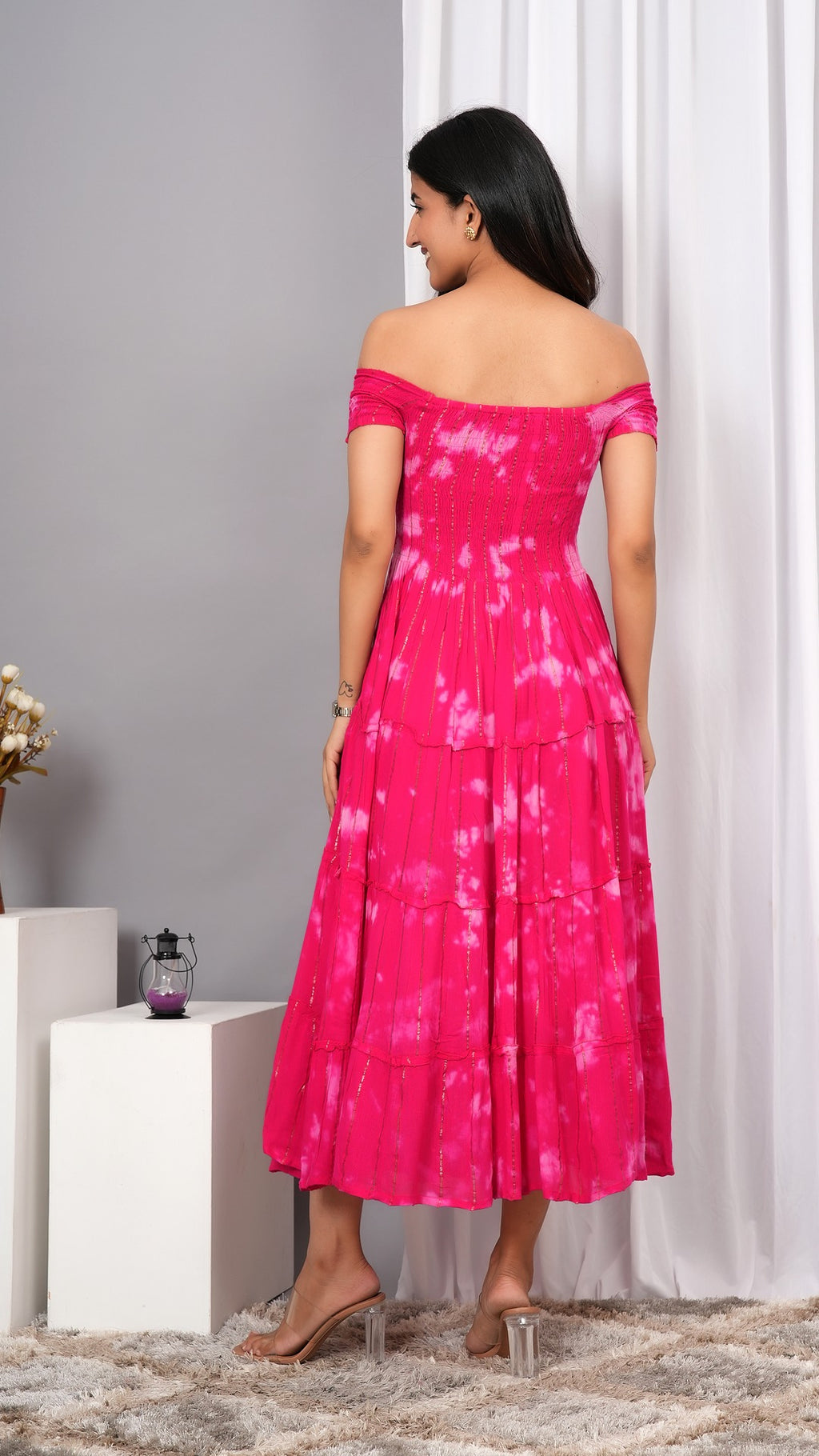 Iqraar Women Tie and Dye Dyed Smocked Off-Shoulder Fit and Flare Midi Pink Dress