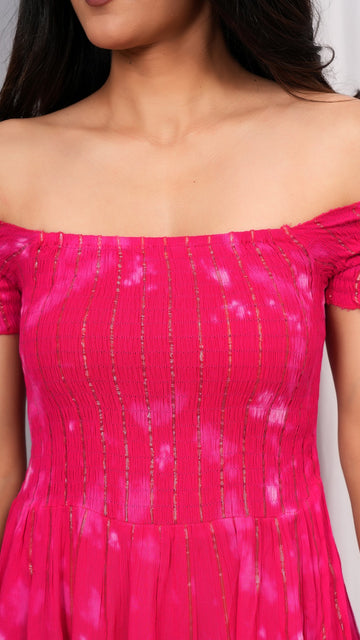 Iqraar Women Tie and Dye Dyed Smocked Off-Shoulder Fit and Flare Midi Pink Dress
