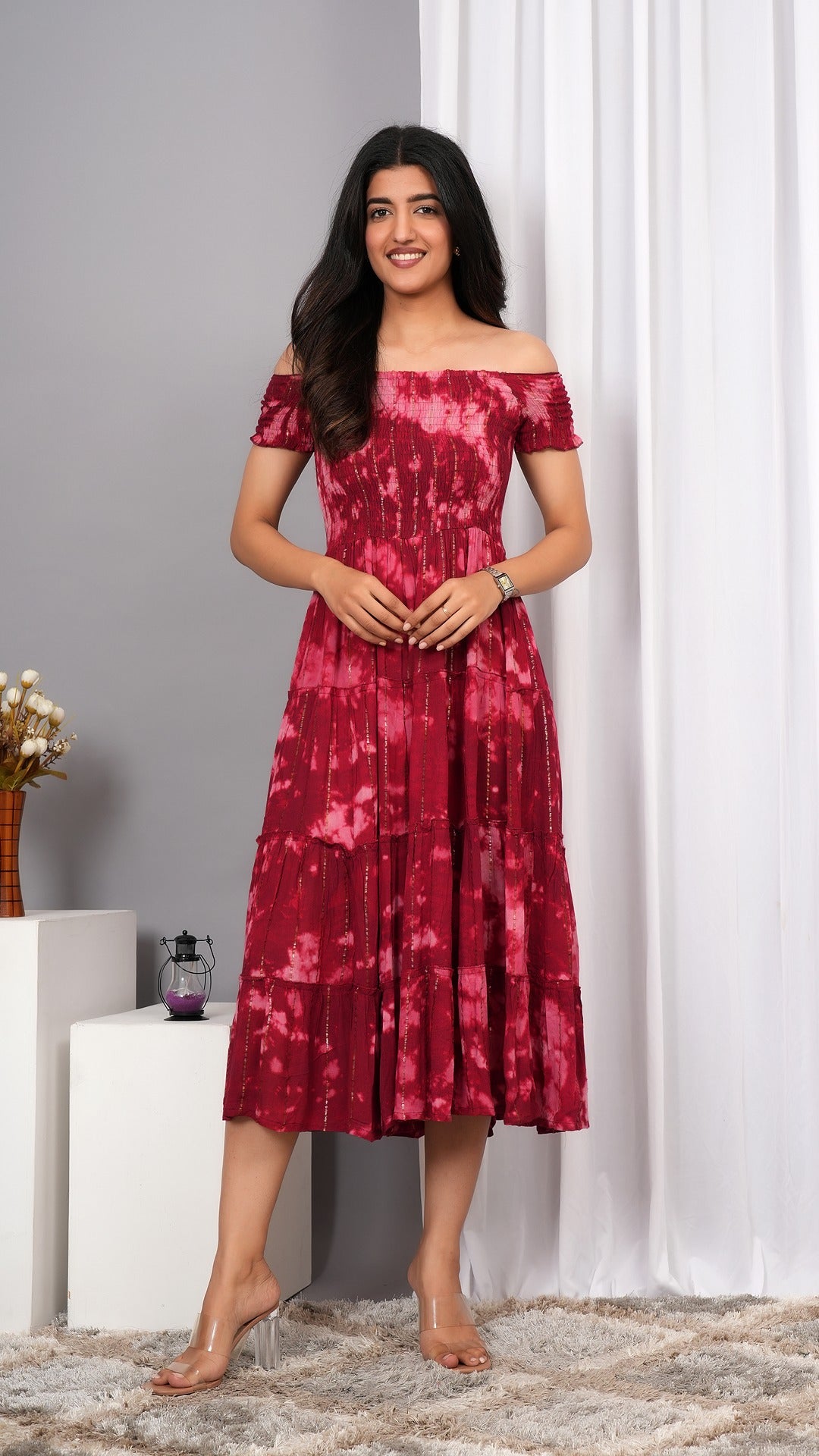 Iqraar Women Tie and Dye Dyed Smocked Off-Shoulder Fit and Flare Midi Wine Dress