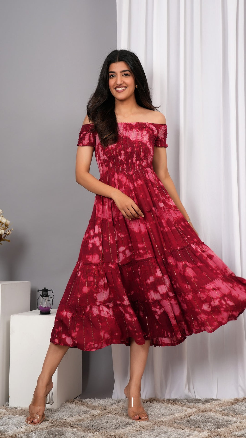 Iqraar Women Tie and Dye Dyed Smocked Off-Shoulder Fit and Flare Midi Wine Dress