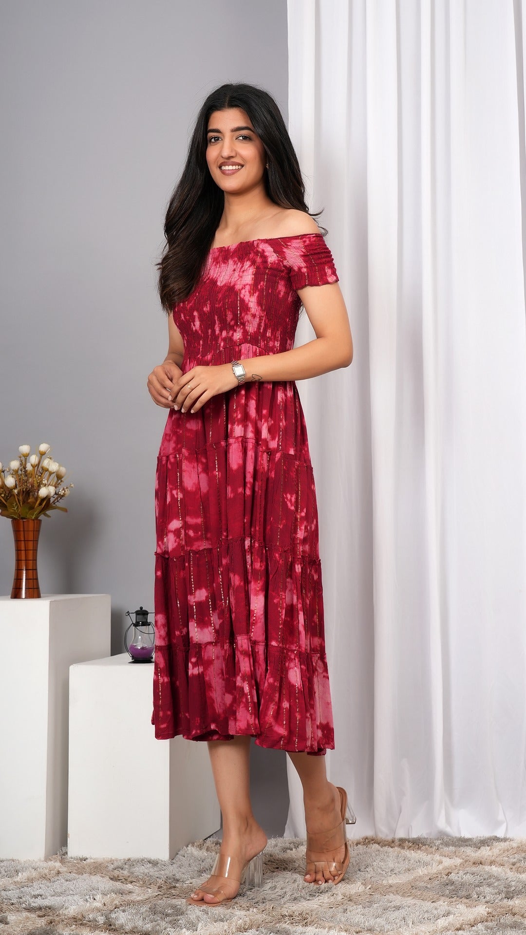 Iqraar Women Tie and Dye Dyed Smocked Off-Shoulder Fit and Flare Midi Wine Dress