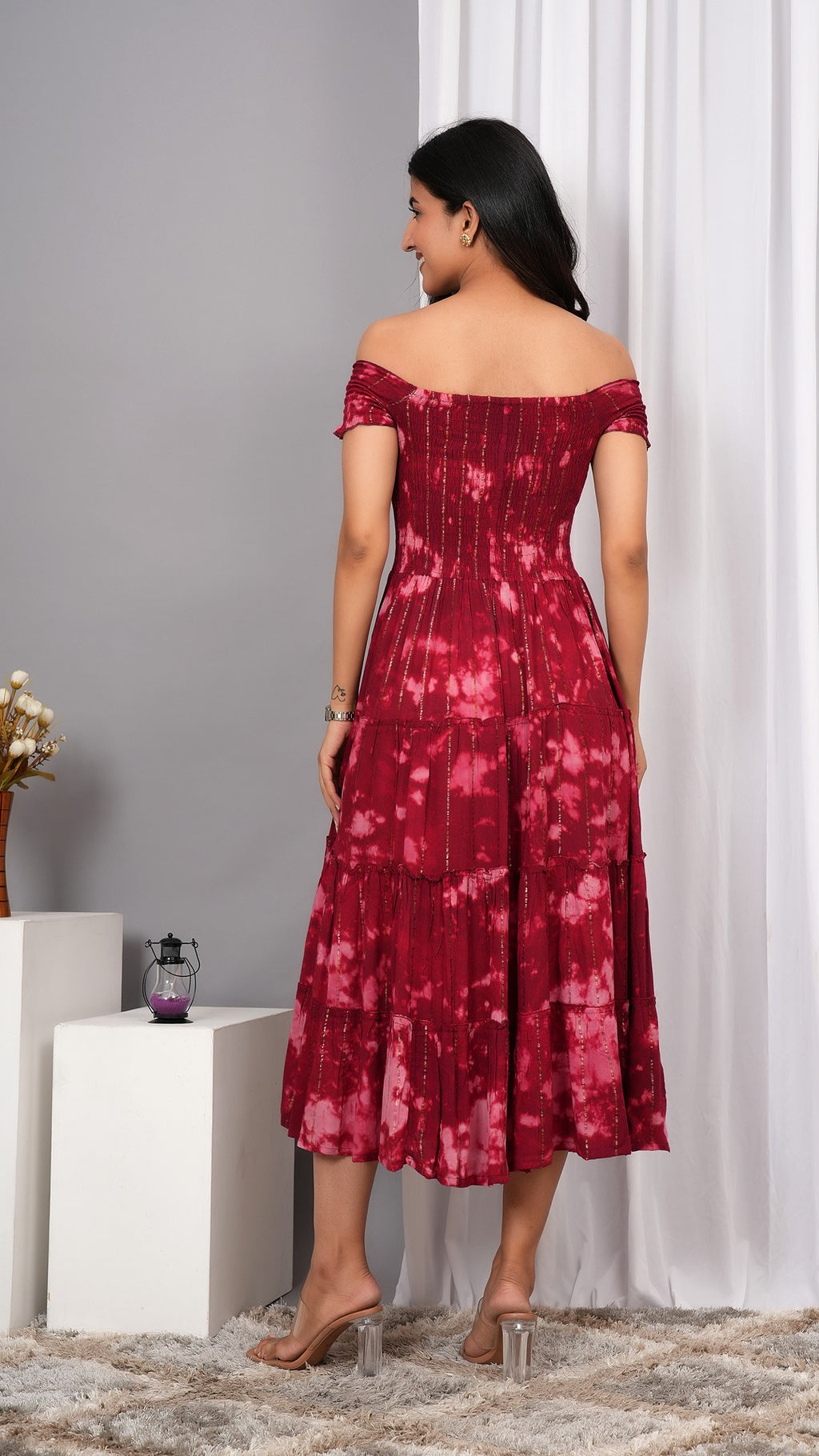 Iqraar Women Tie and Dye Dyed Smocked Off-Shoulder Fit and Flare Midi Wine Dress