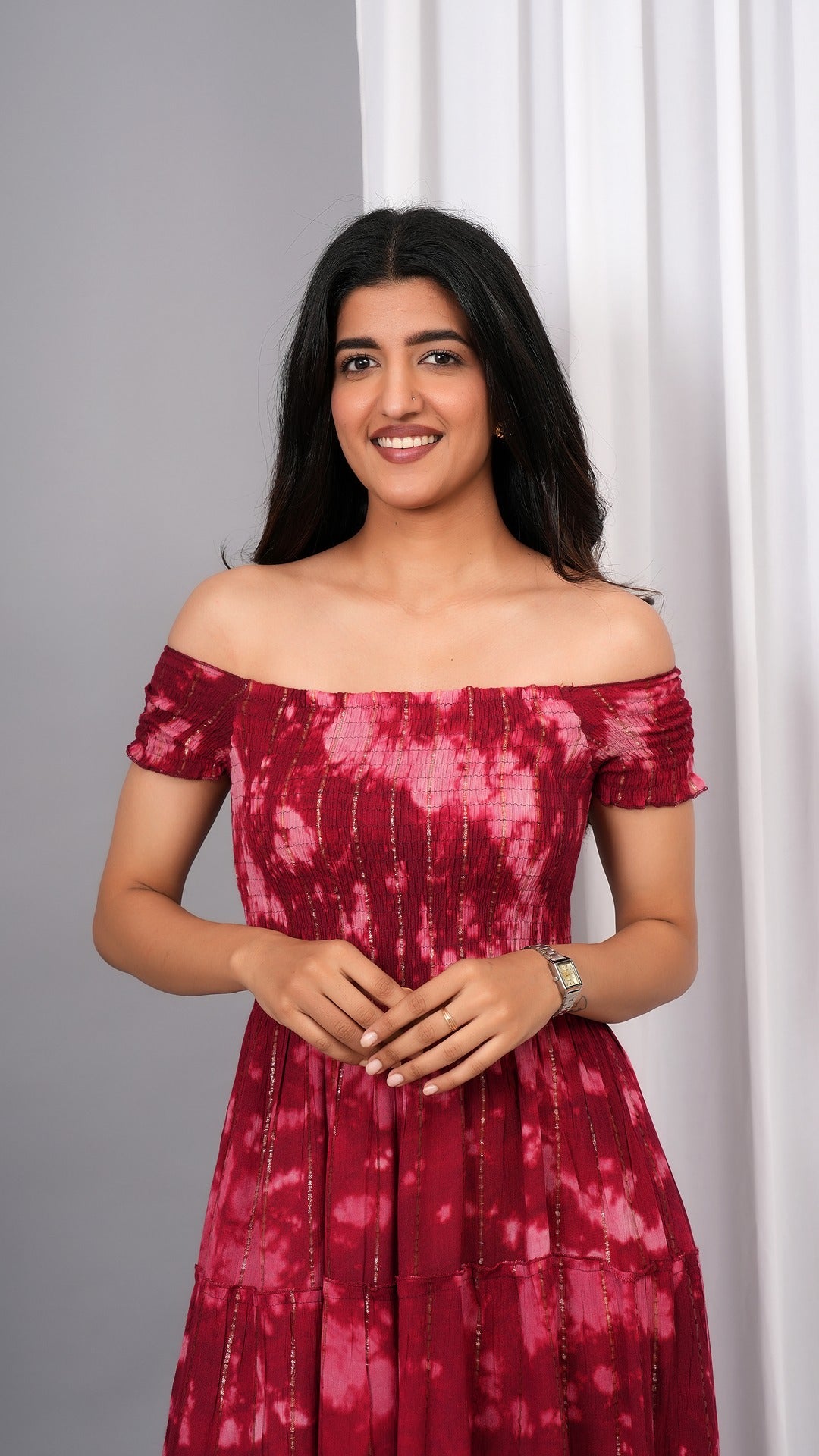 Iqraar Women Tie and Dye Dyed Smocked Off-Shoulder Fit and Flare Midi Wine Dress
