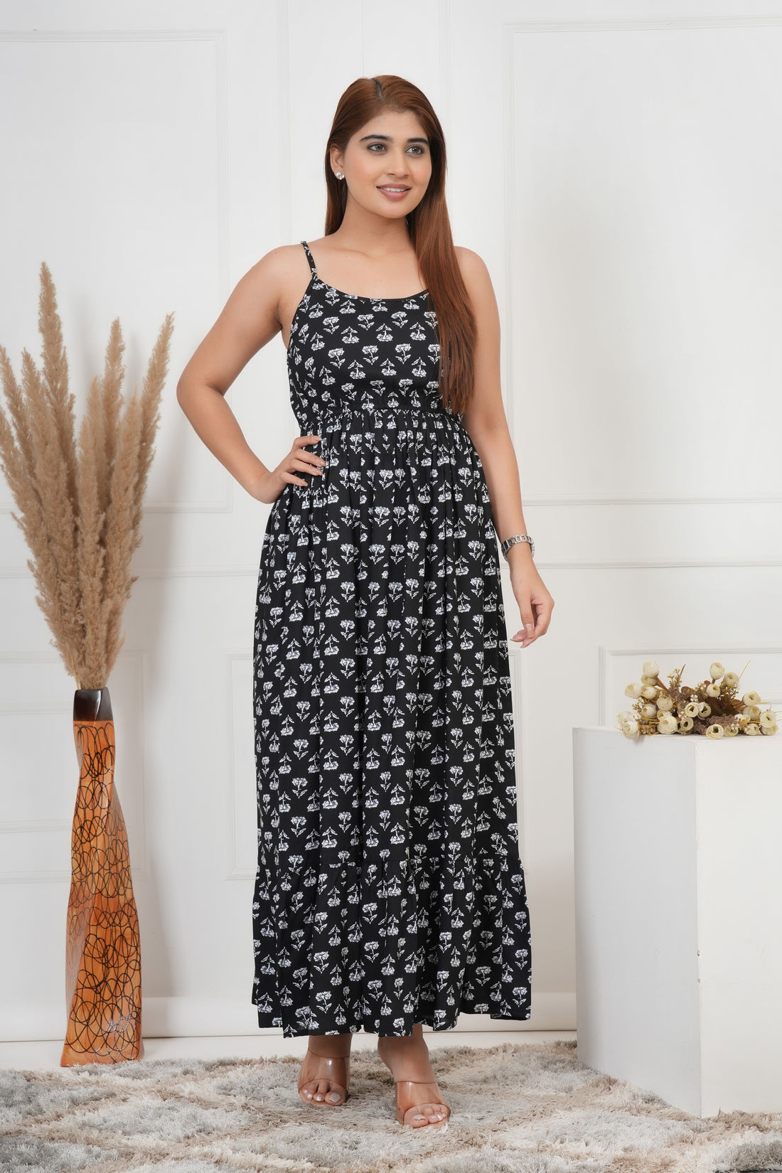 IQRAAR Floral Maxi Dress Black