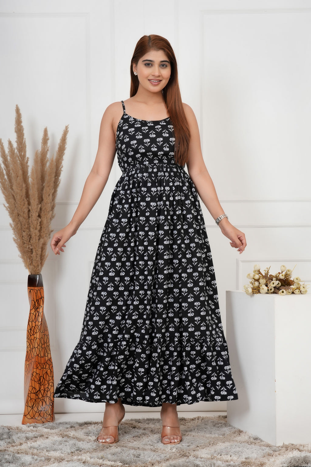 IQRAAR Floral Maxi Dress Black