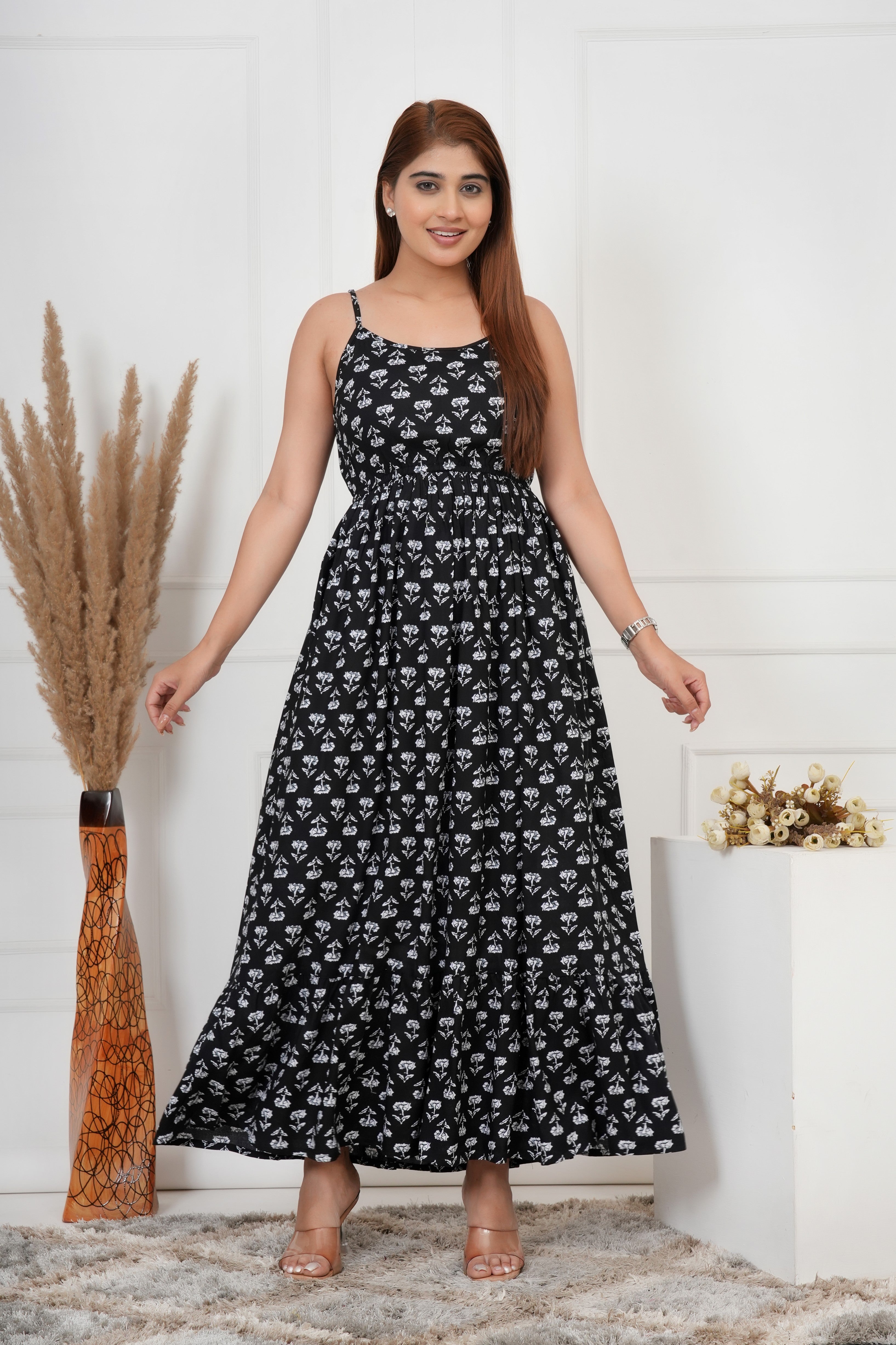 IQRAAR Floral Maxi Dress Black