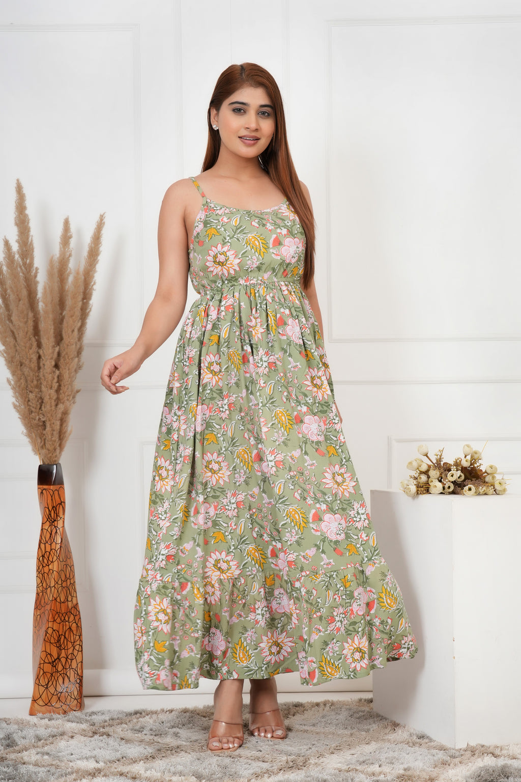 IQRAAR Floral Maxi Dress  Green