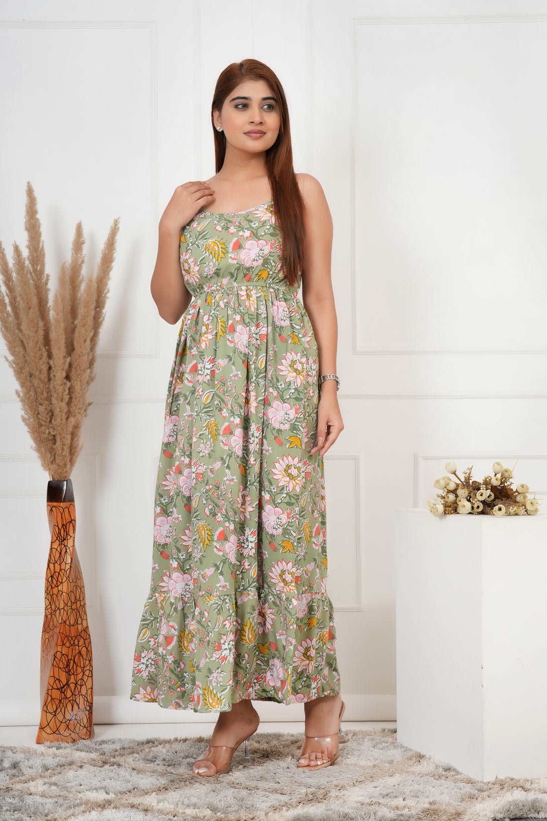 IQRAAR Floral Maxi Dress  Green