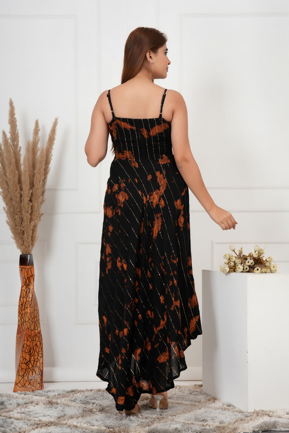 IQRAAR Women Lurex Rayon Fit & Flared Western Wear BLACK TIE-DIE Dress