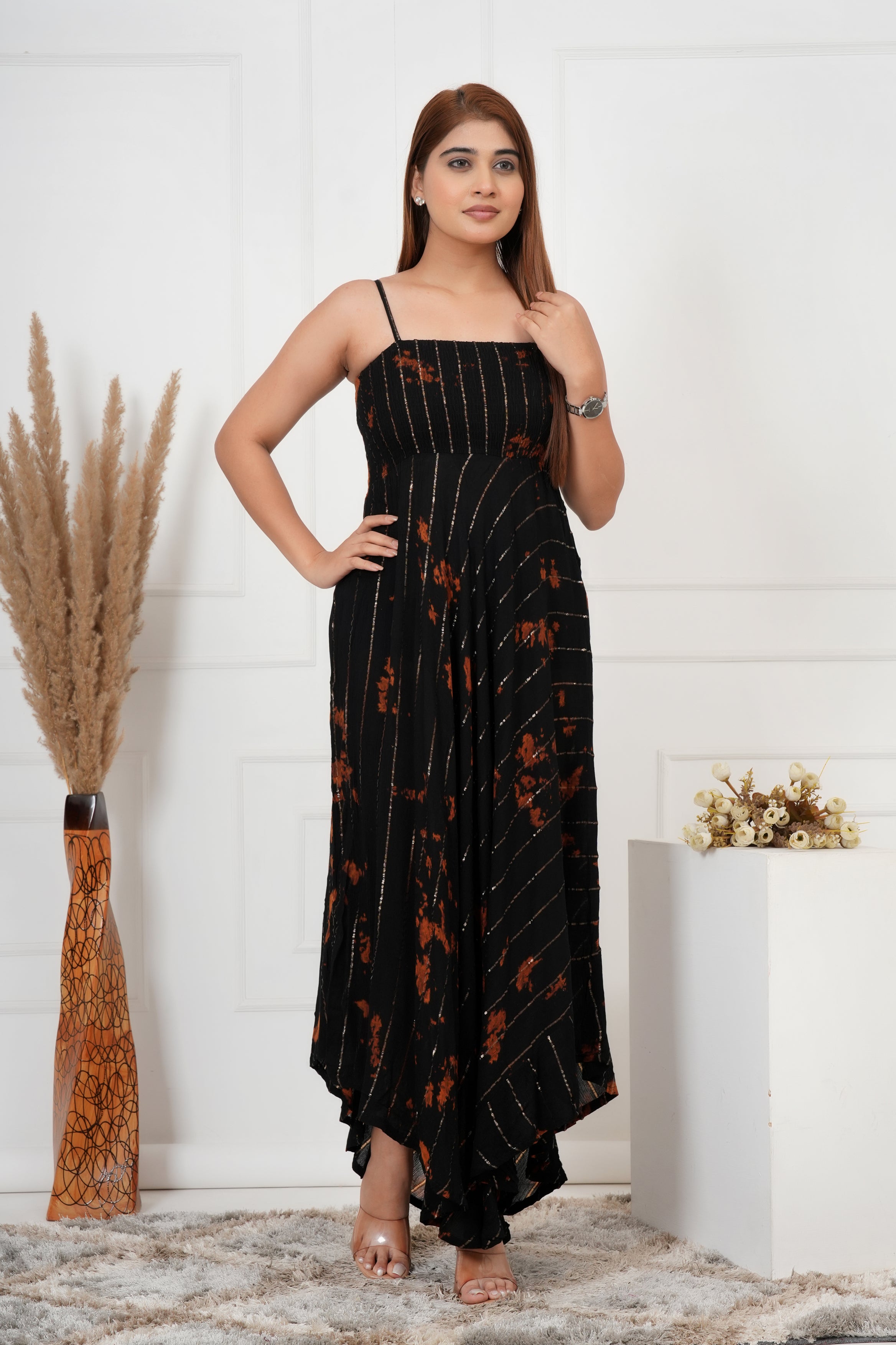IQRAAR Women Lurex Rayon Fit & Flared Western Wear BLACK TIE-DIE Dress