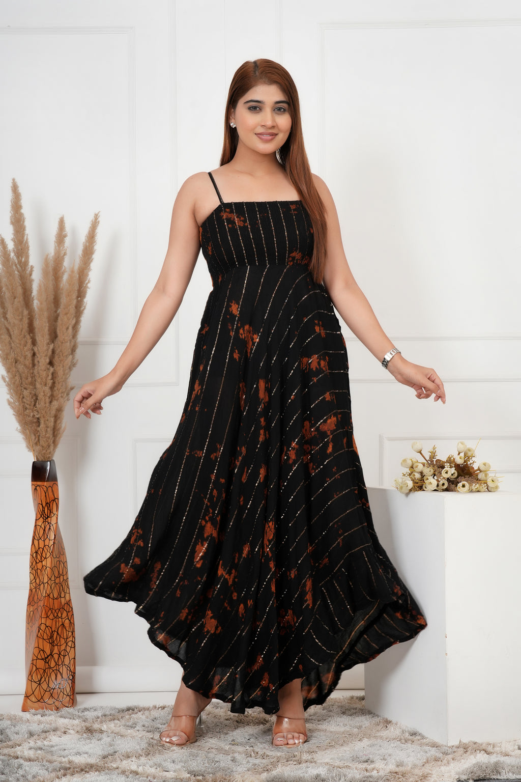 IQRAAR Women Lurex Rayon Fit & Flared Western Wear BLACK TIE-DIE Dress