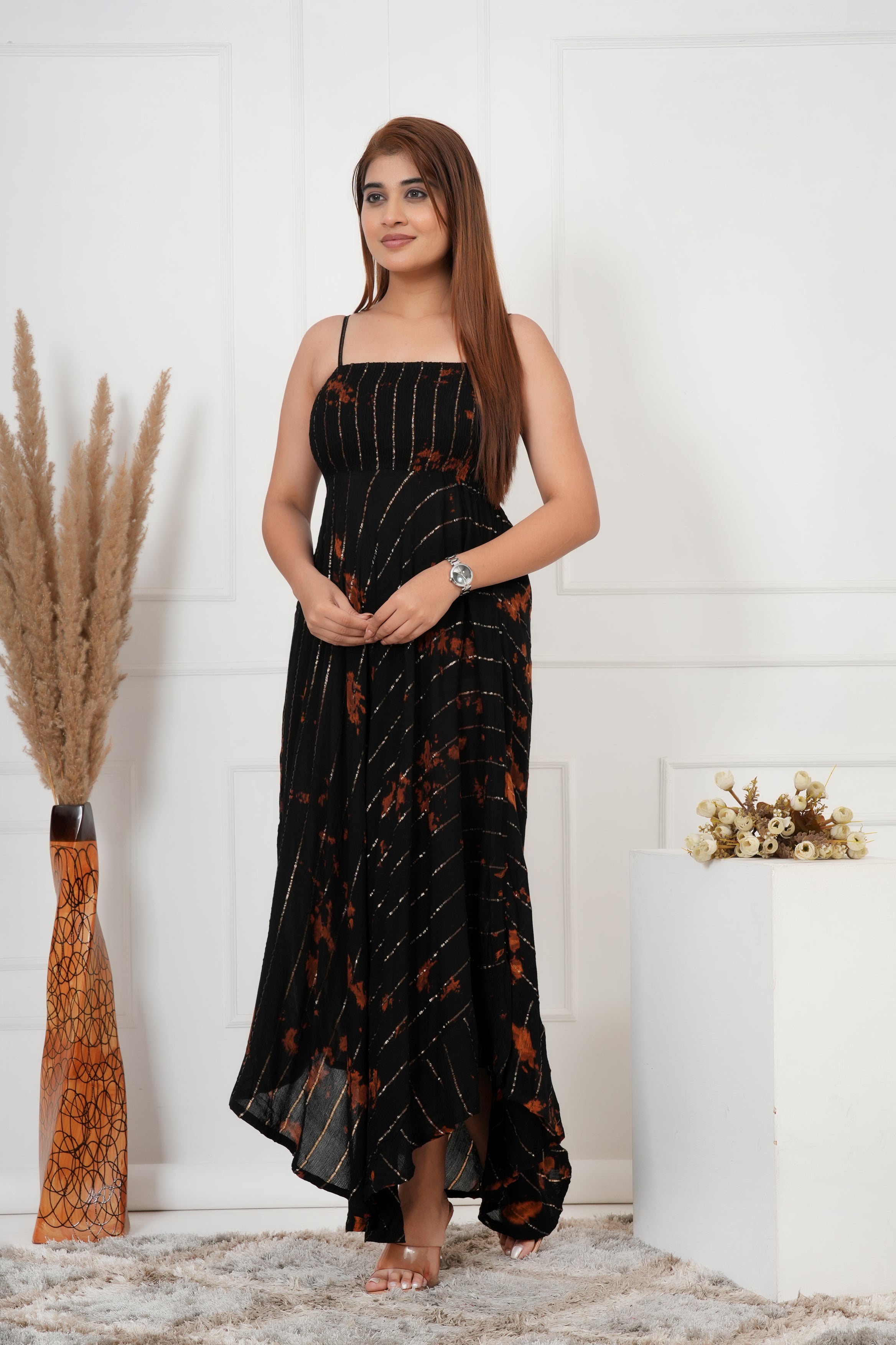 IQRAAR Women Lurex Rayon Fit & Flared Western Wear BLACK TIE-DIE Dress