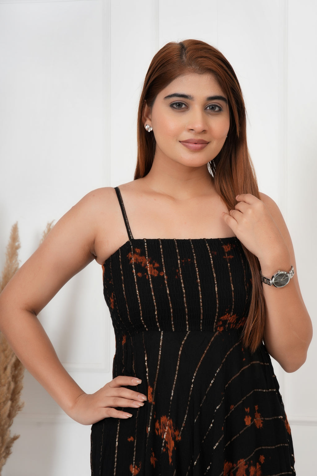 IQRAAR Women Lurex Rayon Fit & Flared Western Wear BLACK TIE-DIE Dress