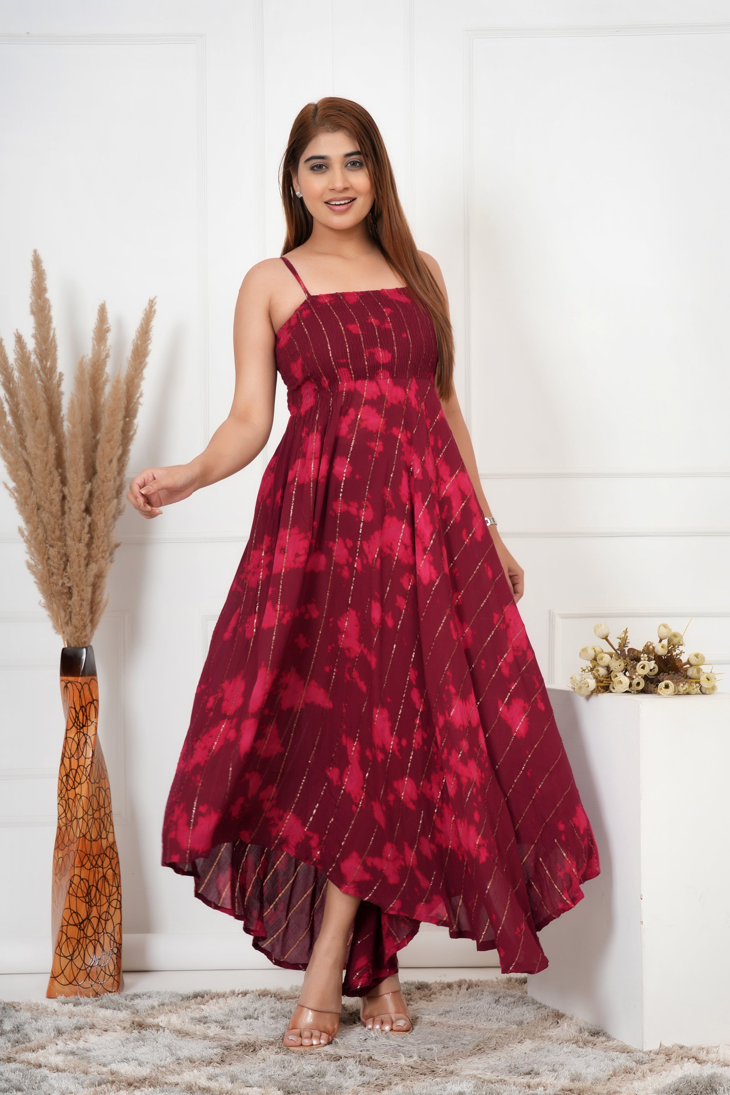 IQRAAR Women Lurex Rayon Fit & Flared Western Wear WINE TIE-DIE Dress
