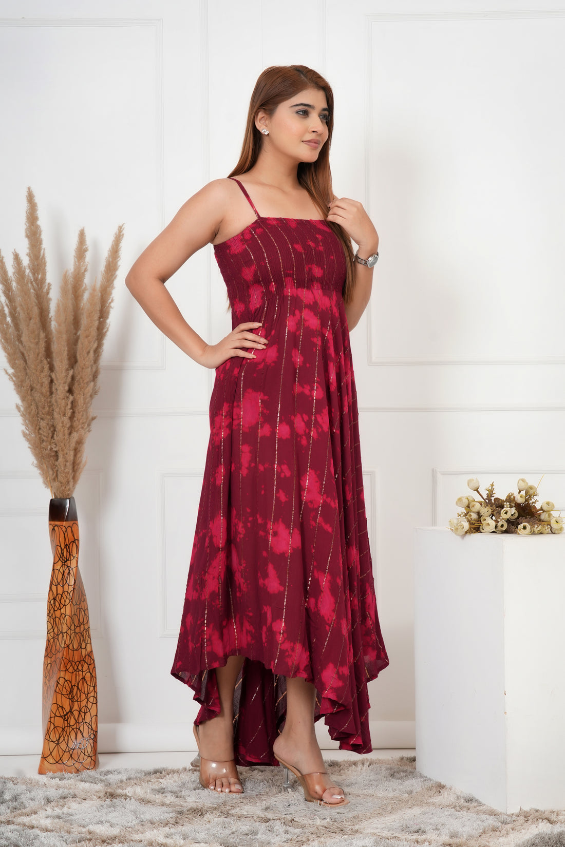 IQRAAR Women Lurex Rayon Fit & Flared Western Wear WINE TIE-DIE Dress